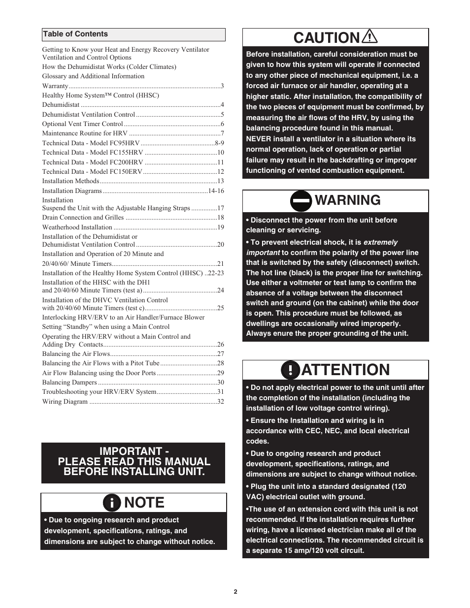 Attention, Caution, Warning | Field Controls Heat Recovery Ventilator FC95HRV. User Manual | Page 2 / 32