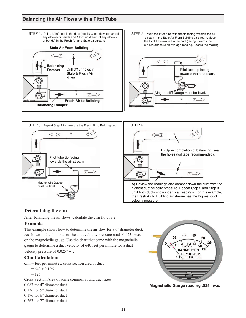 Balancing the air flows with a pitot tube, Determining the cfm, Example | Cfm calculation | Field Controls Heat Recovery Ventilator FC95HRV. User Manual | Page 28 / 32