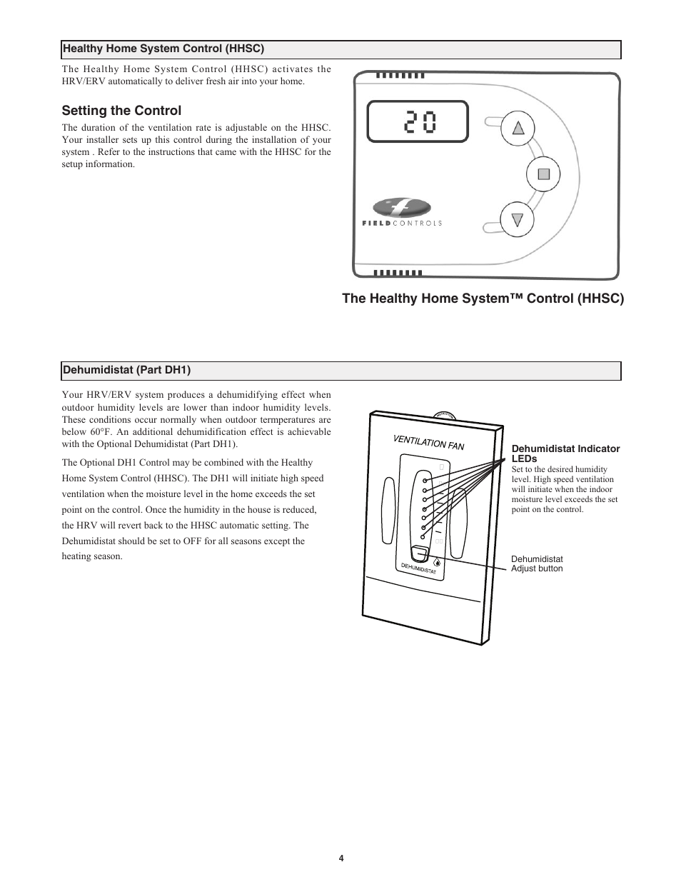 Setting the control, The healthy home system™ control (hhsc) | Field Controls Heat Recovery Ventilator FC95HRV. User Manual | Page 4 / 32