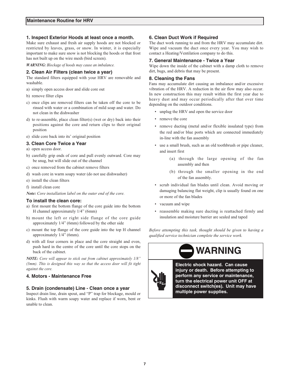 Warning | Field Controls Heat Recovery Ventilator FC95HRV. User Manual | Page 7 / 32