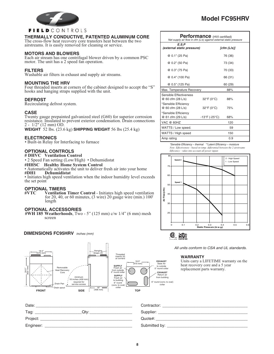 Model fc95hrv, Performance, Dimensions fc95hrv | Weight, Shipping weight | Field Controls Heat Recovery Ventilator FC95HRV. User Manual | Page 8 / 32