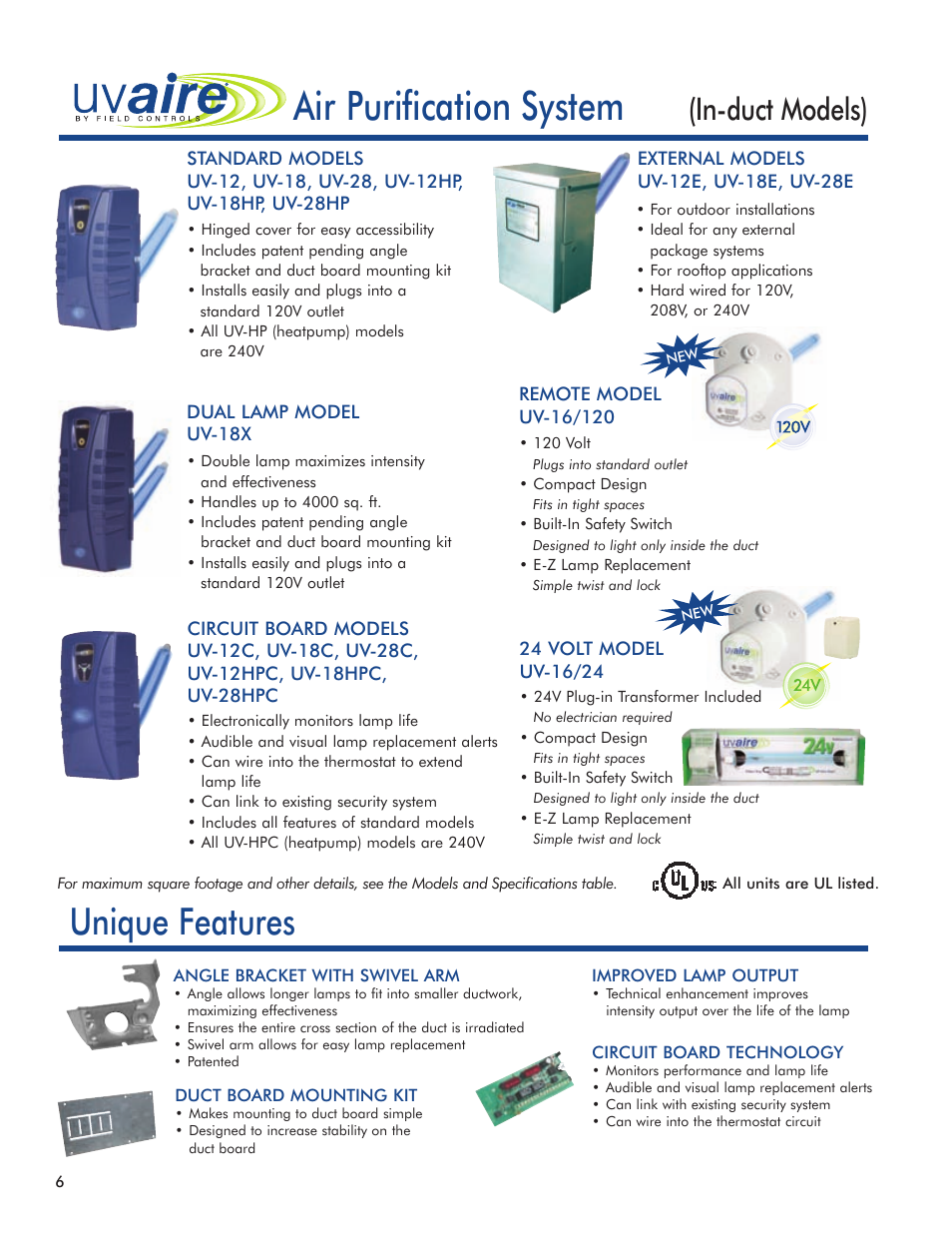 Uv-aire, Air purification system, Unique features | In-duct models) | Field Controls Solution For Great Indoors 24v User Manual | Page 6 / 12