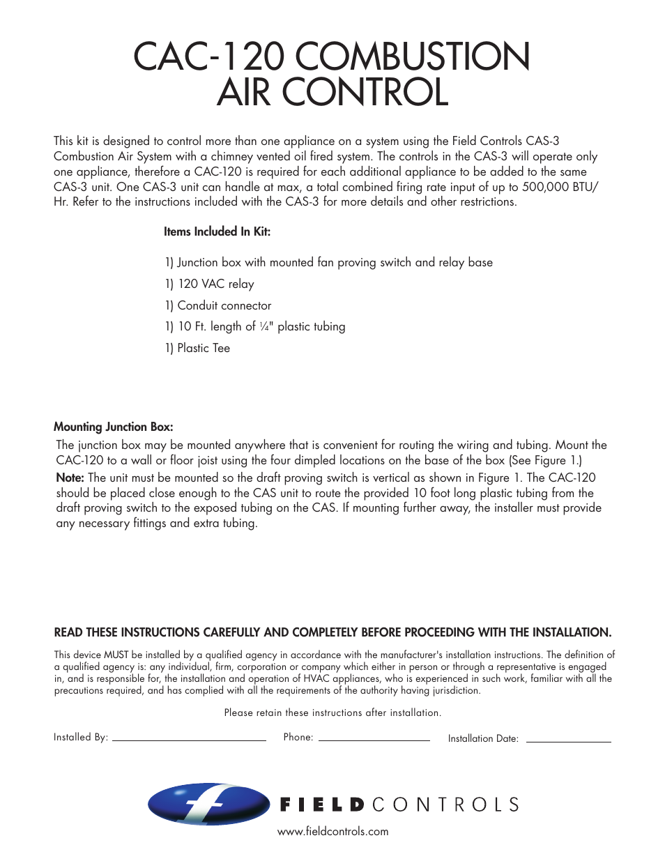 Field Controls COMBUSTION AIR CONTROL CAC-120 User Manual | 4 pages