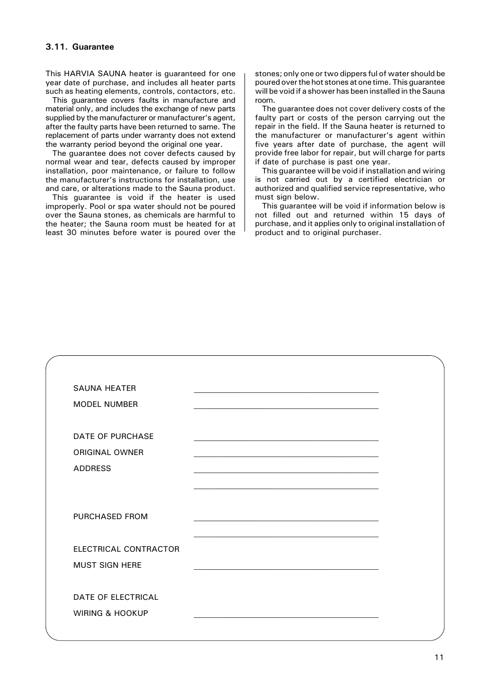 Guarantee | Finlandia ELECTRIC SAUNA HEATER JM-17 User Manual | Page 11 / 12