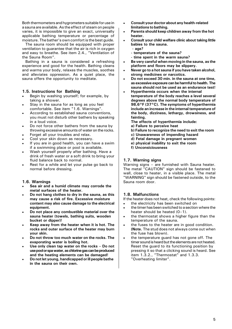 Temperature and humidity of the sauna room, Instructions for bathing, Warnings | Warning signs, Malfunctions | Finlandia ELECTRIC SAUNA HEATER JM-17 User Manual | Page 5 / 12