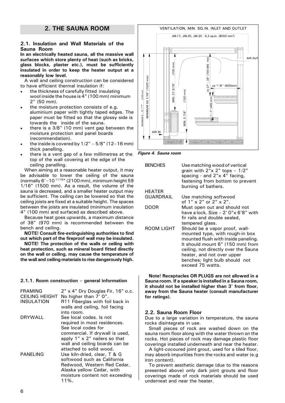 Insulation and wall materials of the sauna room, Room construction - general information, Sauna room floor | The sauna room | Finlandia ELECTRIC SAUNA HEATER JM-17 User Manual | Page 6 / 12