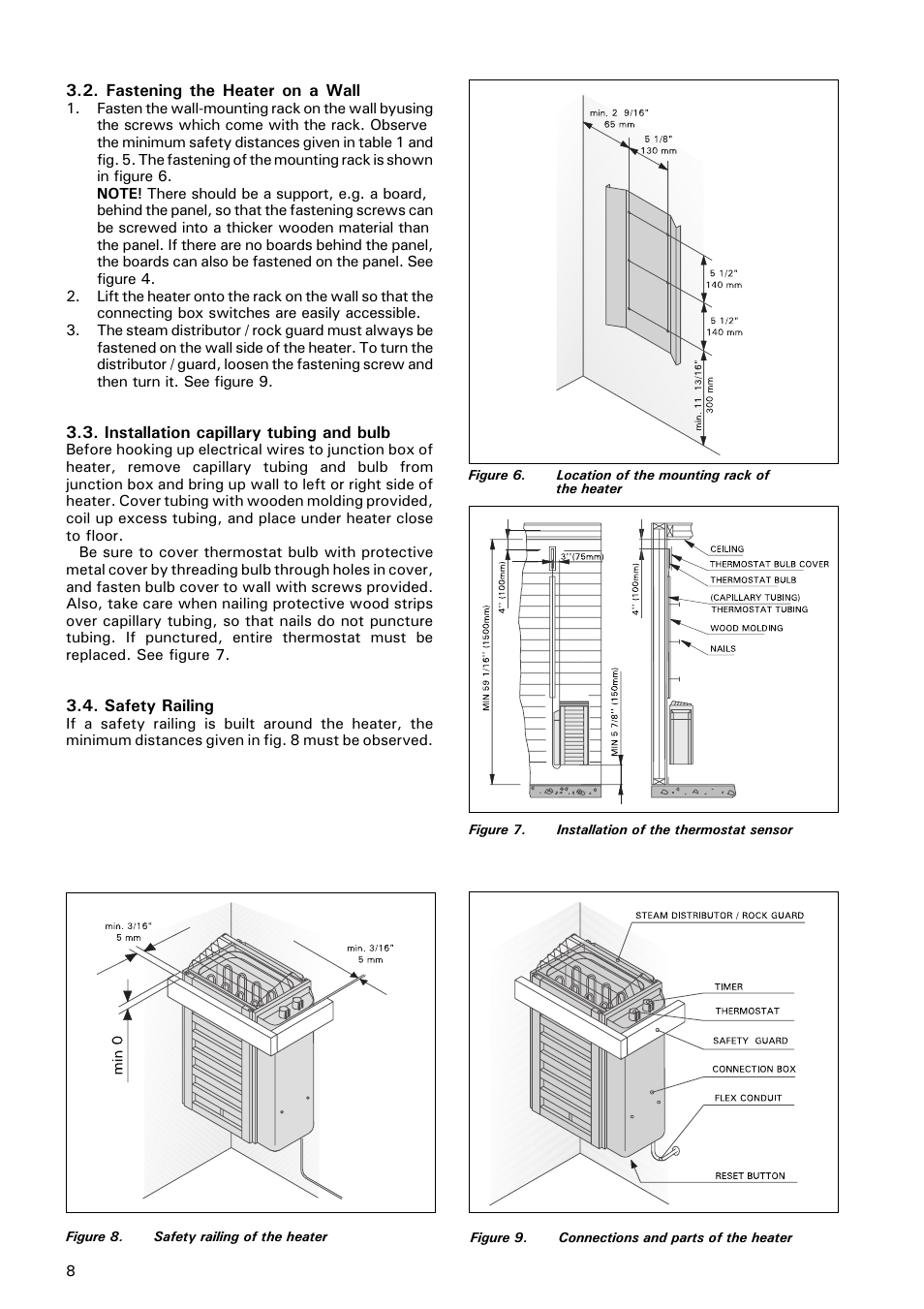 Fastening the heater on a wall, Installation capillary tubing and bulb, Safety railing | Electrical connections | Finlandia ELECTRIC SAUNA HEATER JM-17 User Manual | Page 8 / 12