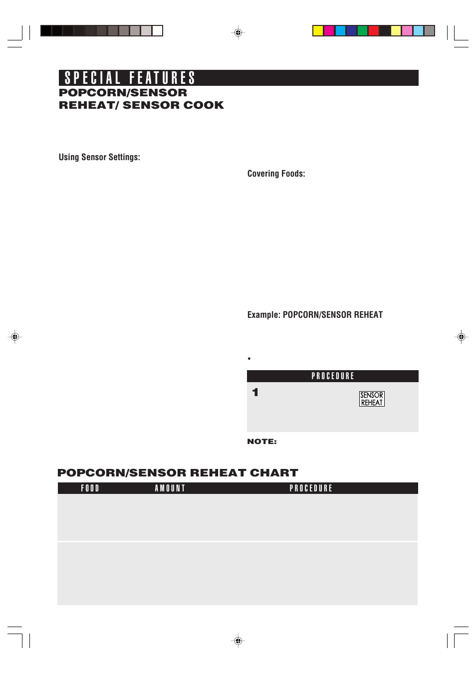 Popcorn/sensor reheat/ sensor cook, Popcorn/sensor reheat chart | Food Quality Sensor R-320H User Manual | Page 12 / 24