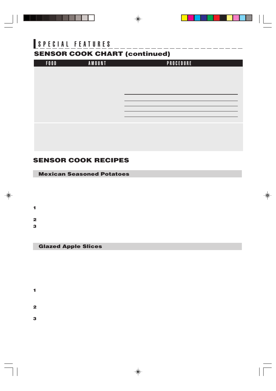 Sensor cook recipes, Sensor cook chart (continued) | Food Quality Sensor R-320H User Manual | Page 14 / 24