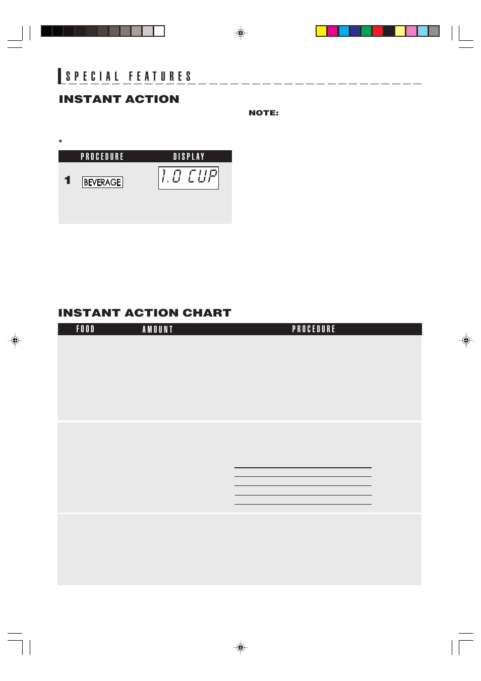 1 . 0 c u p, Instant action, Instant action chart | Food Quality Sensor R-320H User Manual | Page 16 / 24