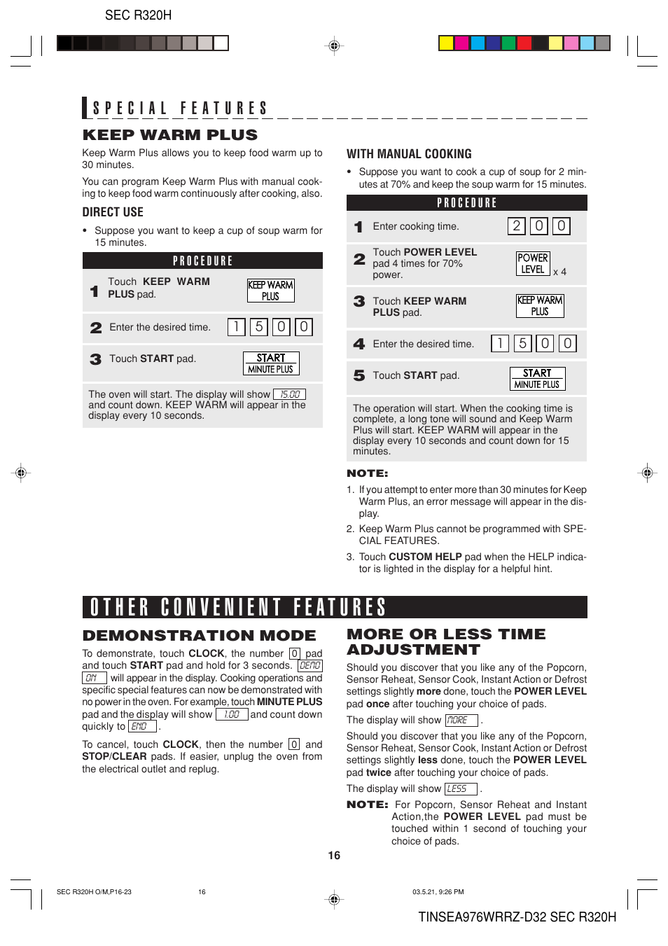 Keep warm plus, More or less time adjustment, Demonstration mode | Food Quality Sensor R-320H User Manual | Page 18 / 24