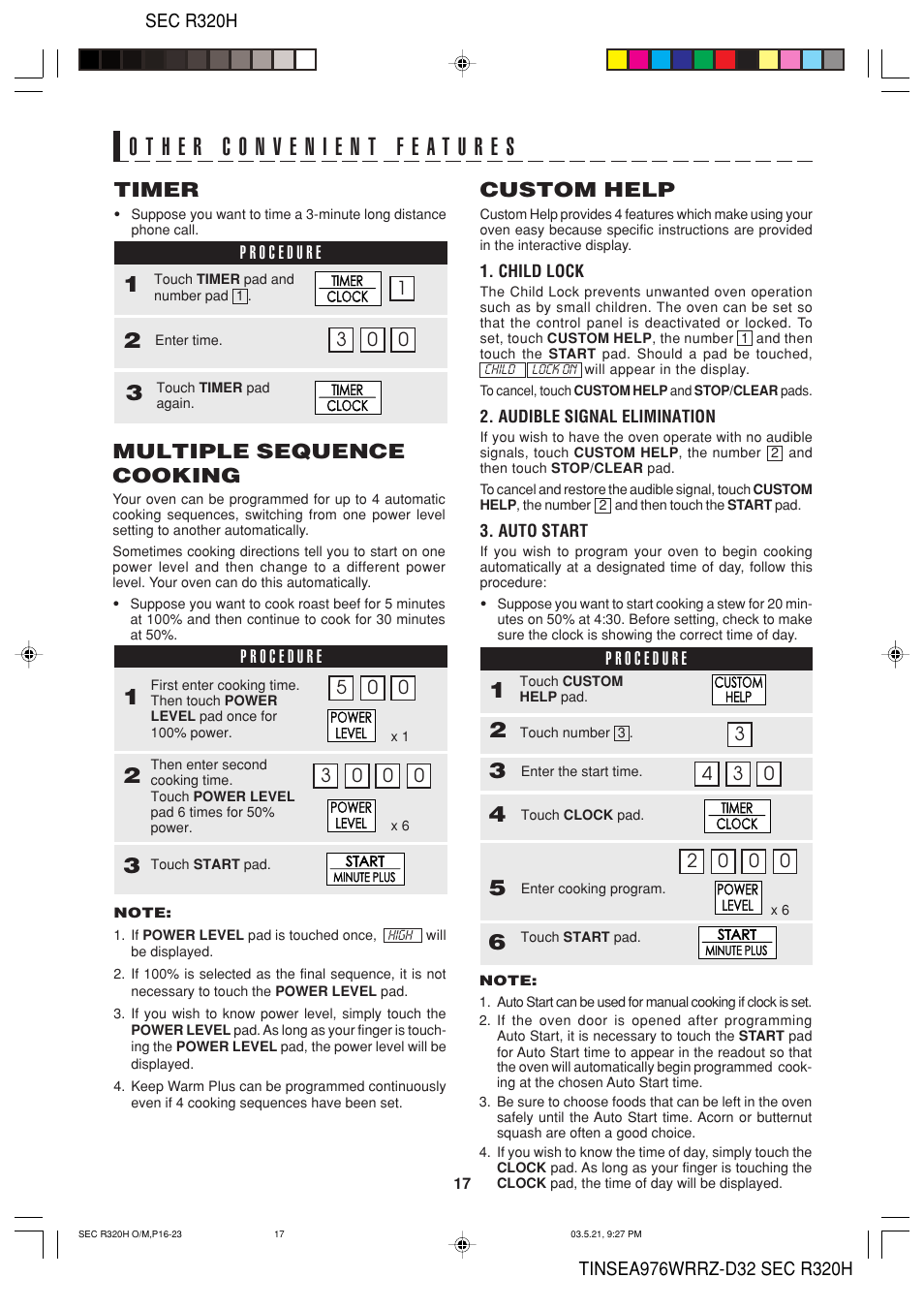 Multiple sequence cooking, Timer, Custom help | Food Quality Sensor R-320H User Manual | Page 19 / 24