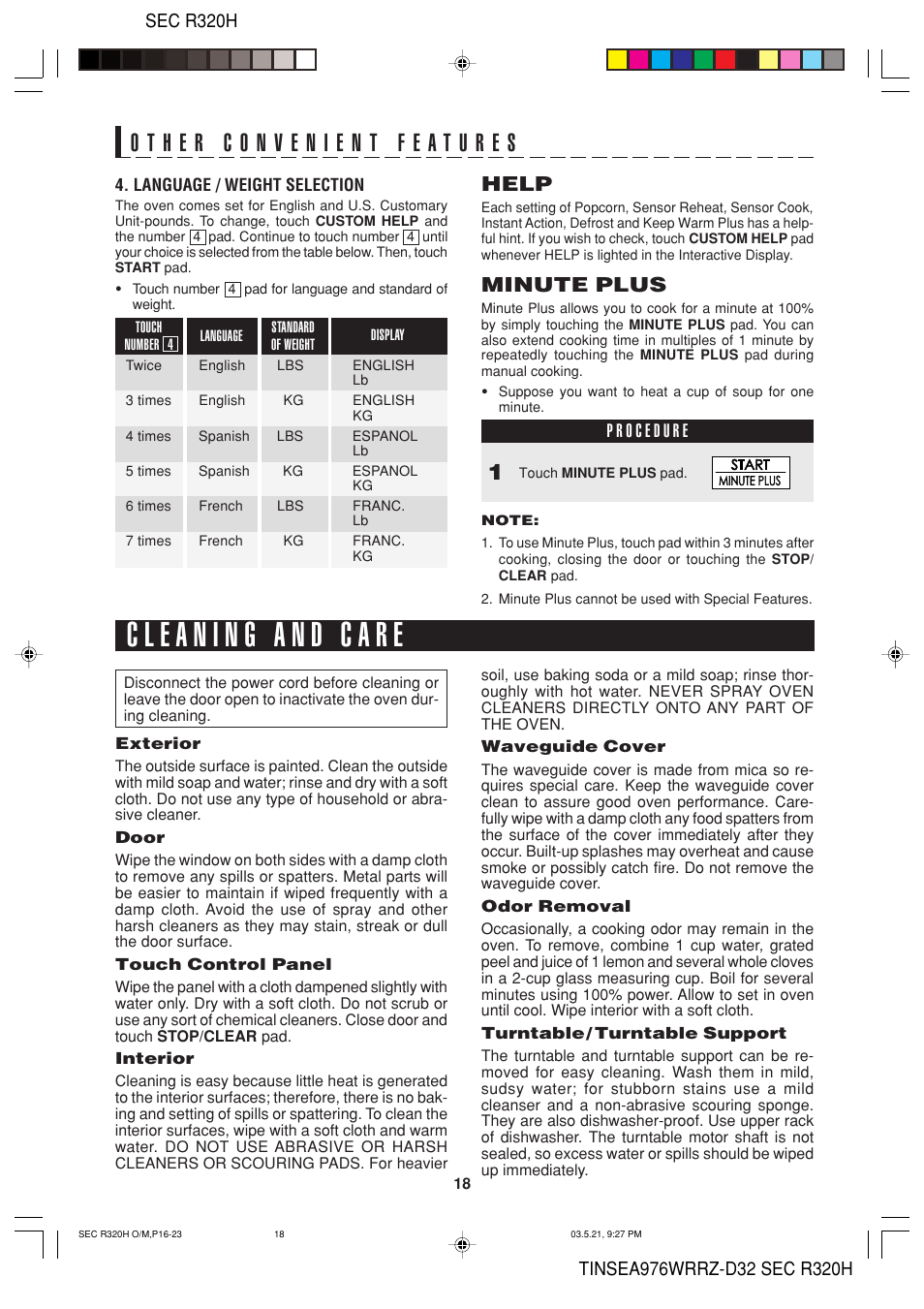 Help, Minute plus, Sec r320h | Food Quality Sensor R-320H User Manual | Page 20 / 24