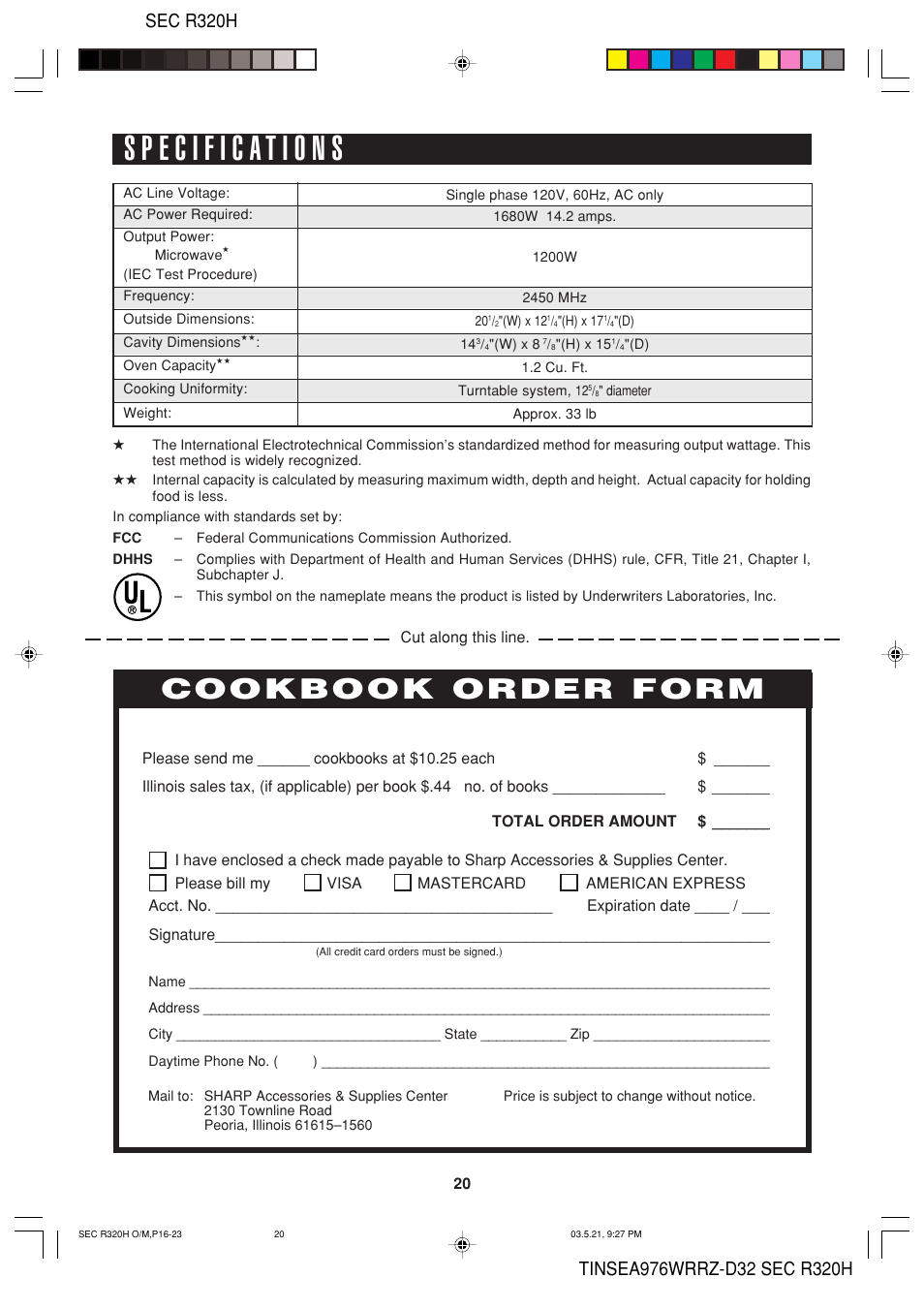 Cookbook order form, Sec r320h | Food Quality Sensor R-320H User Manual | Page 22 / 24