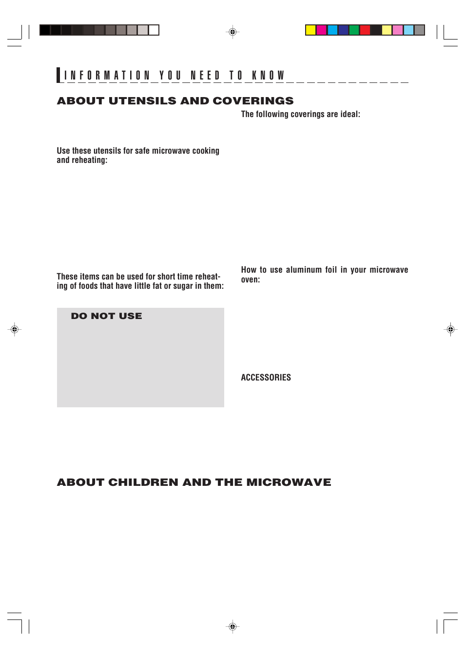 About utensils and coverings, About children and the microwave | Food Quality Sensor R-320H User Manual | Page 7 / 24