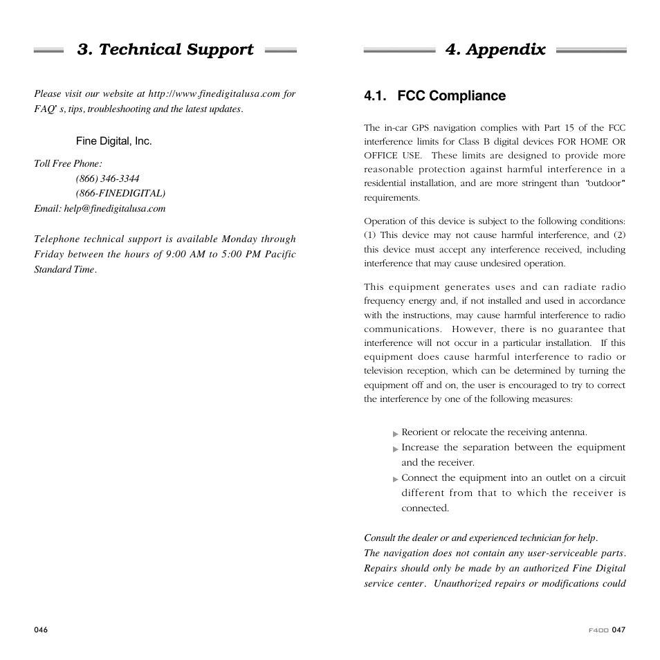 Technical support 4. appendix, Fcc compliance | Fine Digital 400 User Manual | Page 24 / 25