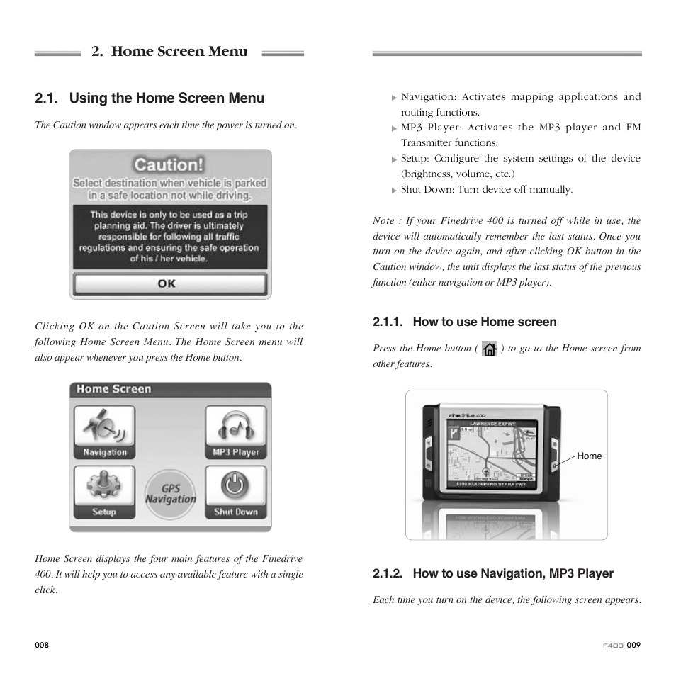 Home screen menu, Using the home screen menu | Fine Digital 400 User Manual | Page 5 / 25