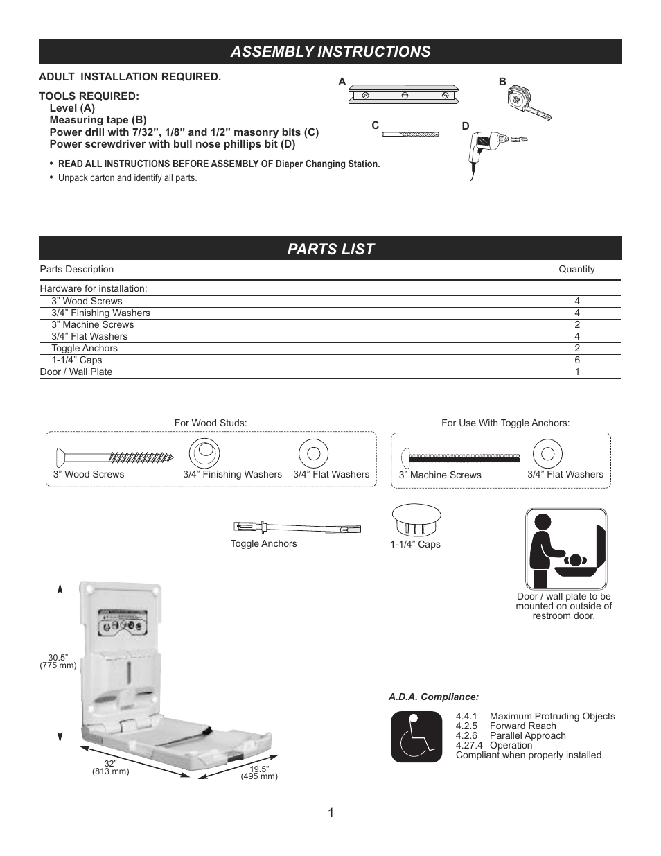 Assembly instructions, Parts list | Foundations SI255D-Gen User Manual | Page 2 / 4