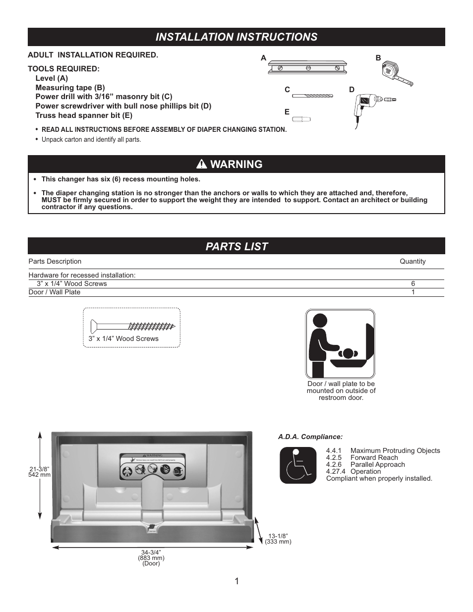 Installation instructions, Warning, Parts list | Foundations 100-SSC-R User Manual | Page 2 / 3