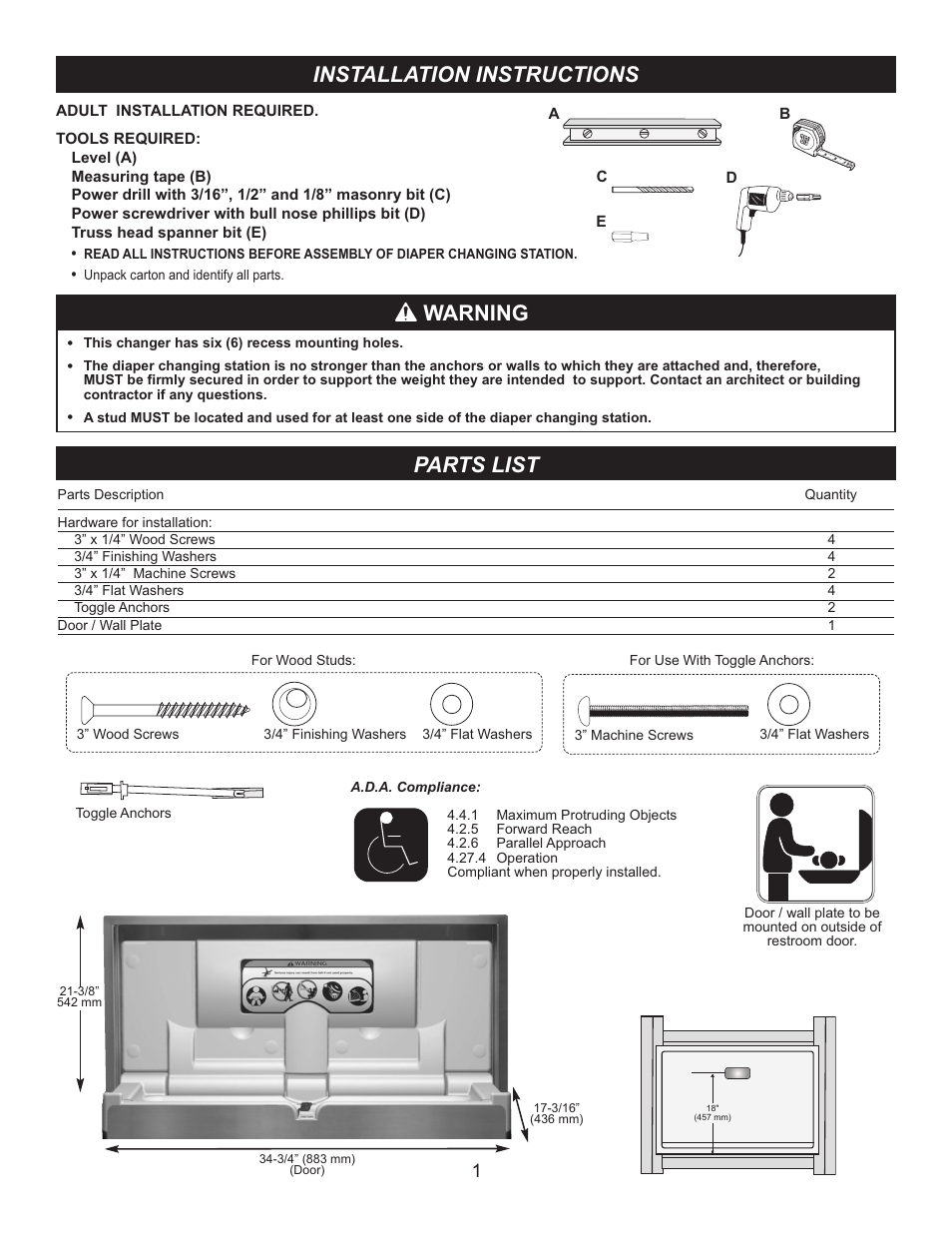 Installation instructions, Warning, Parts list | Foundations 100-SSC-SM User Manual | Page 2 / 4