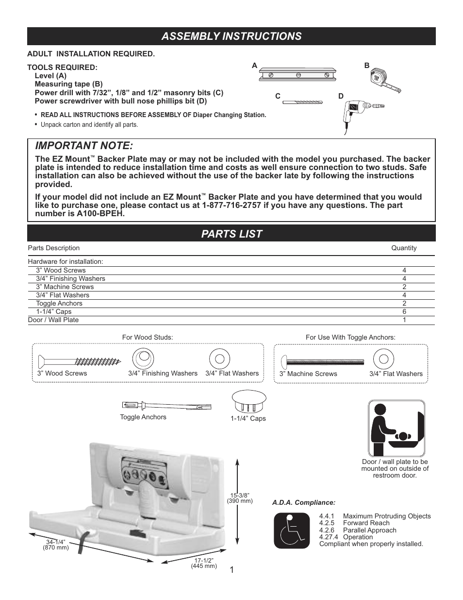 Assembly instructions, Parts list | Foundations 100-EHBP User Manual | Page 2 / 4