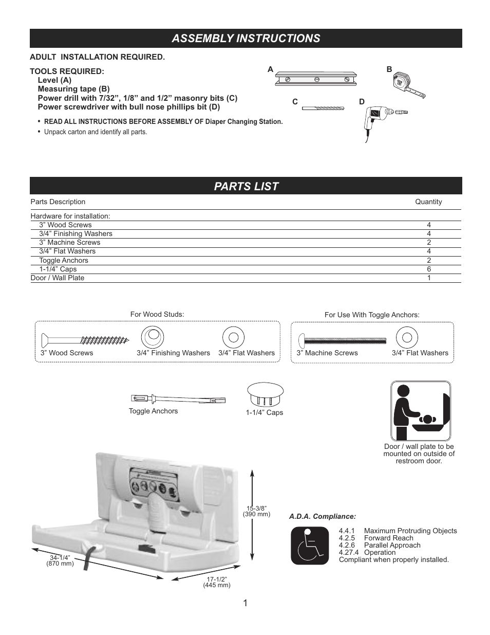 Assembly instructions, Parts list | Foundations 100-EH User Manual | Page 2 / 4