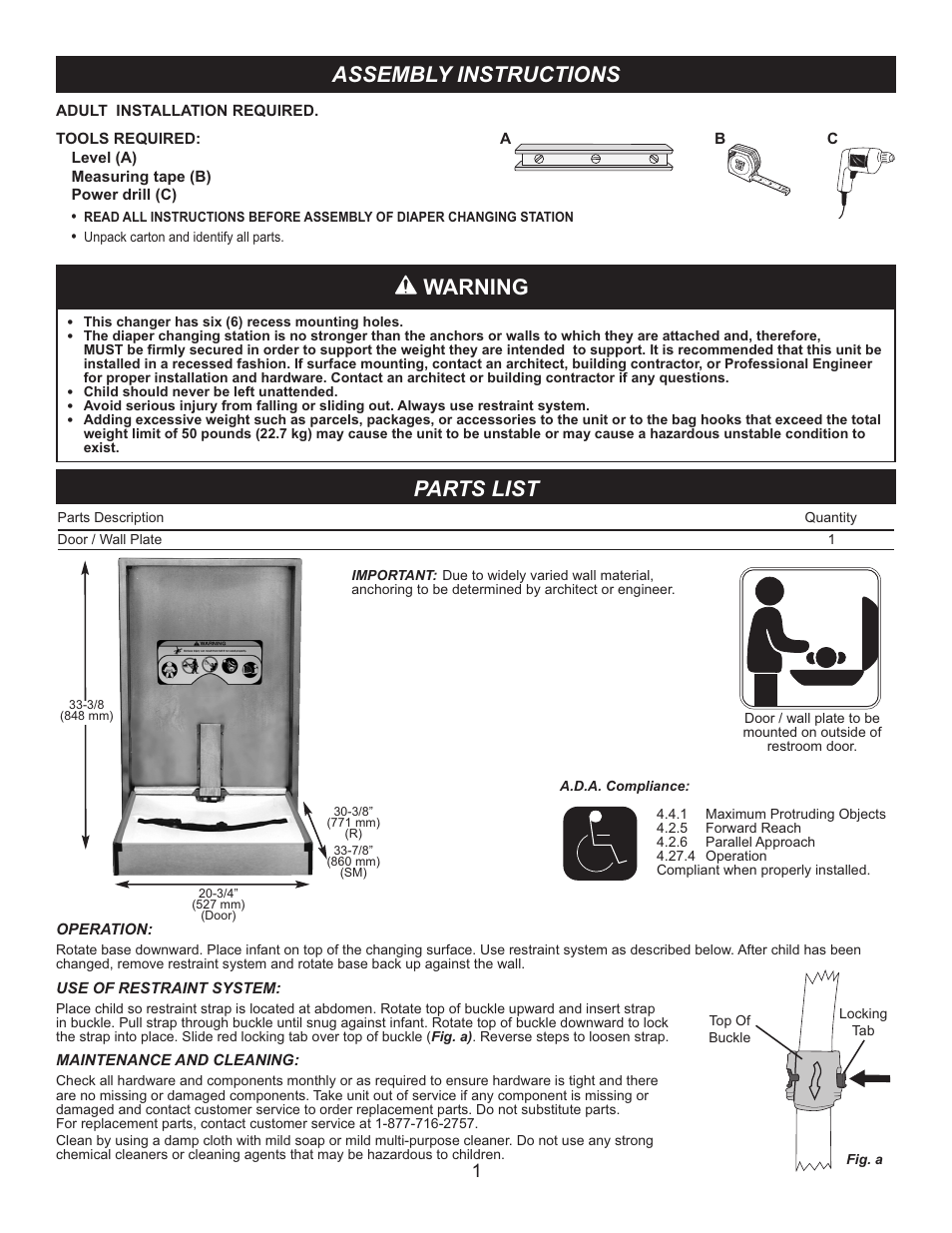 Assembly instructions, Parts list, Warning | Foundations 100-SSV User Manual | Page 2 / 3