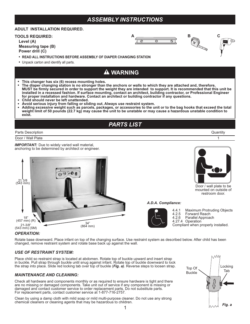 Assembly instructions, Parts list, Warning | Foundations SI259D User Manual | Page 2 / 3