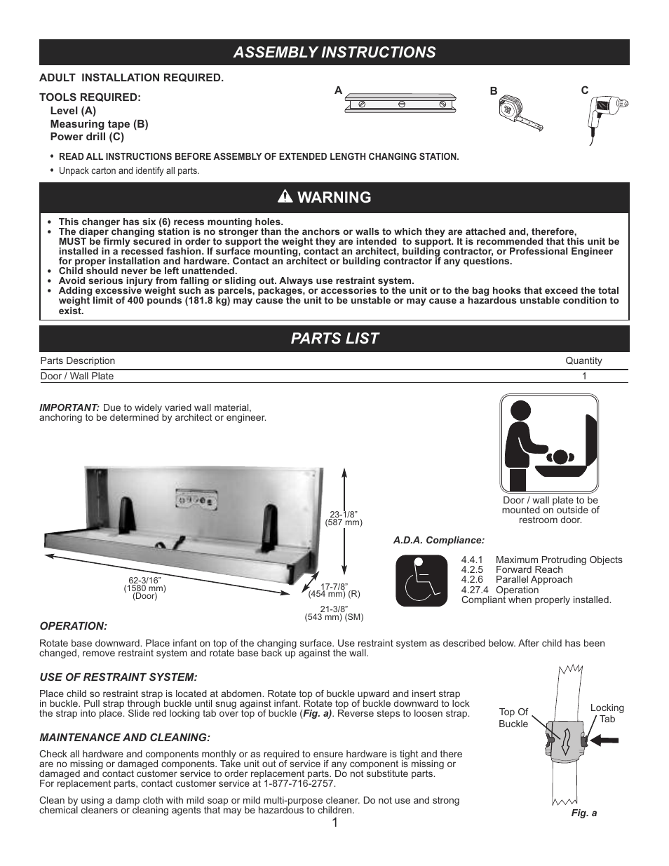 Assembly instructions, Parts list, Warning | Foundations 100-SSE User Manual | Page 2 / 3