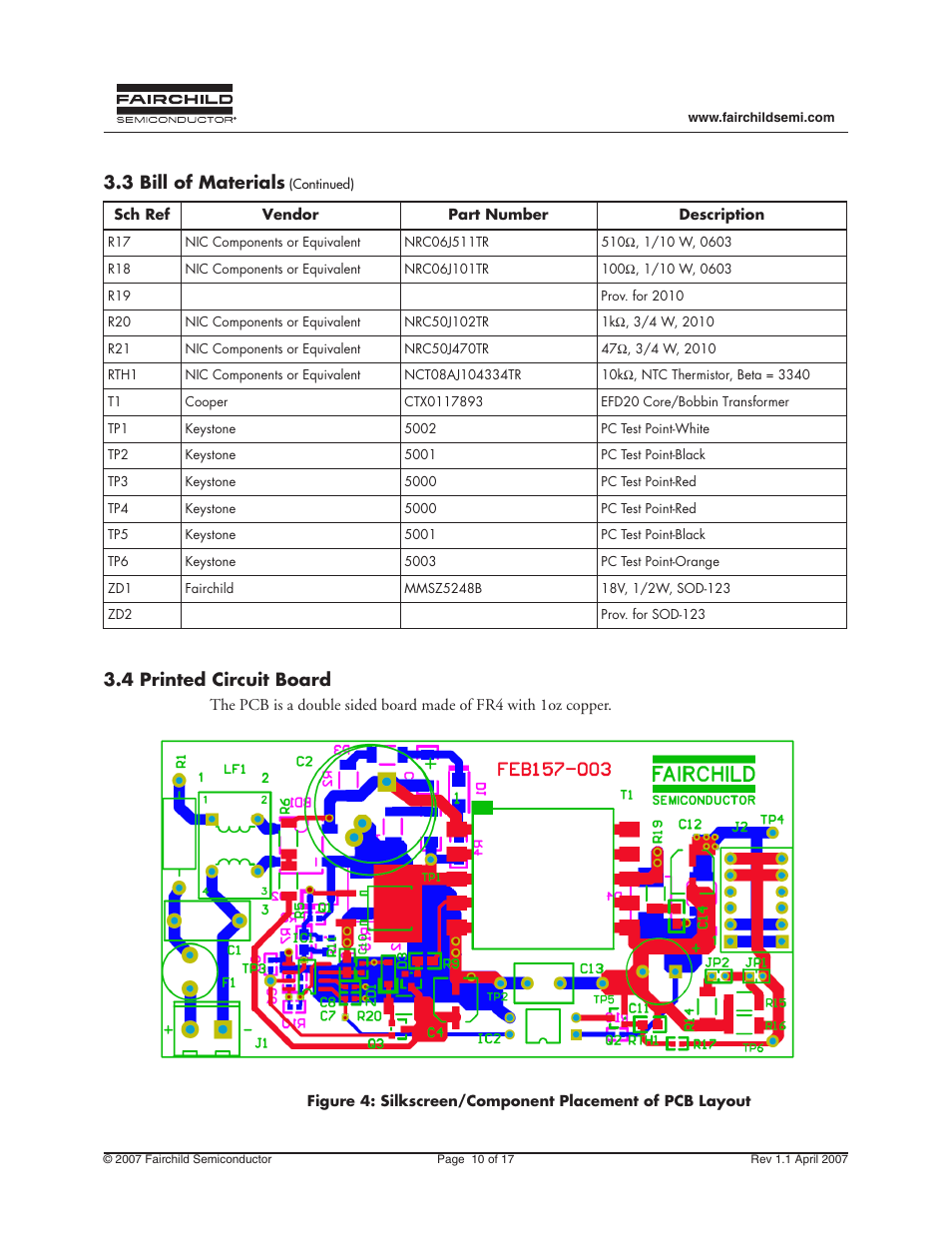 4 printed circuit board, 3 bill of materials | Fairchild FEB157-001 User Manual | Page 10 / 17