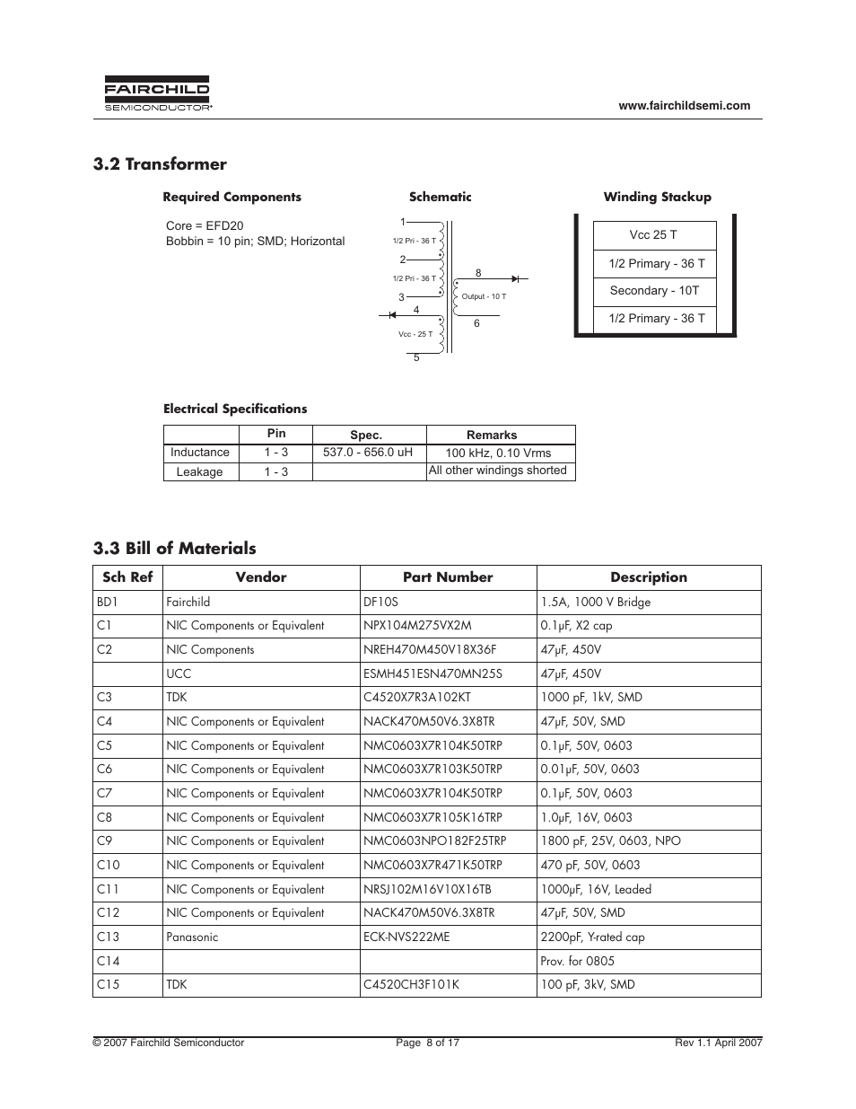 2 transformer 3.3 bill of materials | Fairchild FEB157-001 User Manual | Page 8 / 17