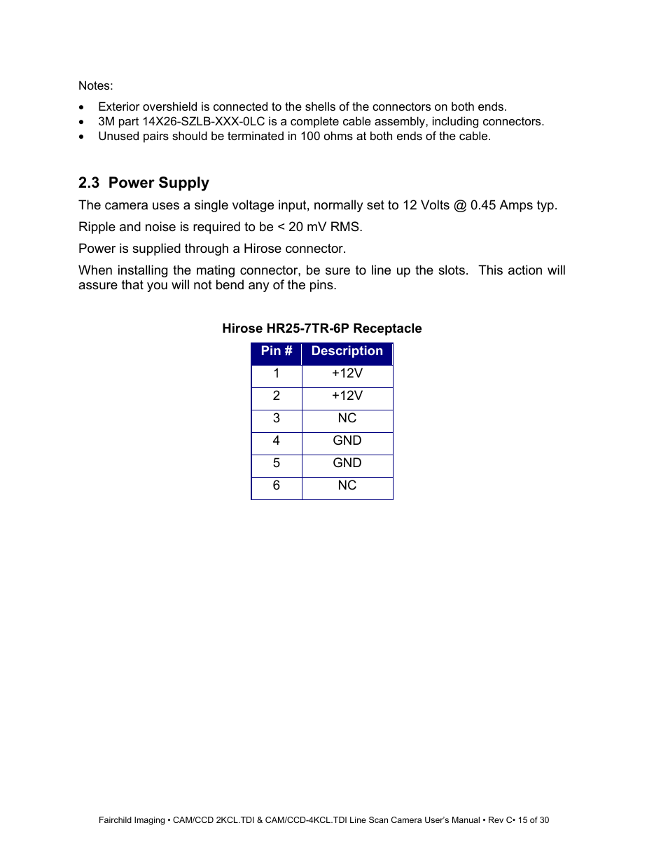 Hirose hr25-7tr-6p receptacle | Fairchild CAM/CCD-4KCL.TDI User Manual | Page 15 / 30