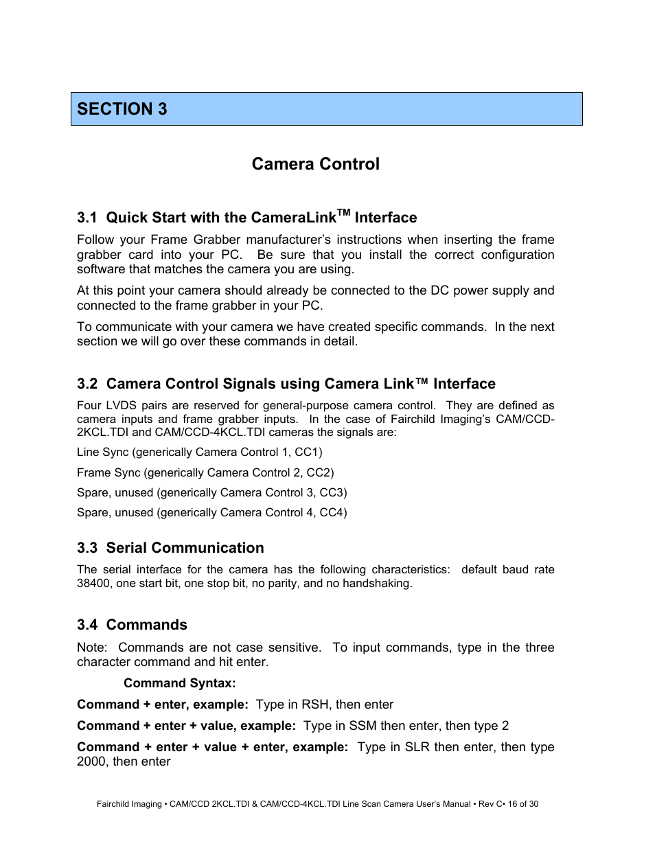 Section 3, Camera control | Fairchild CAM/CCD-4KCL.TDI User Manual | Page 16 / 30