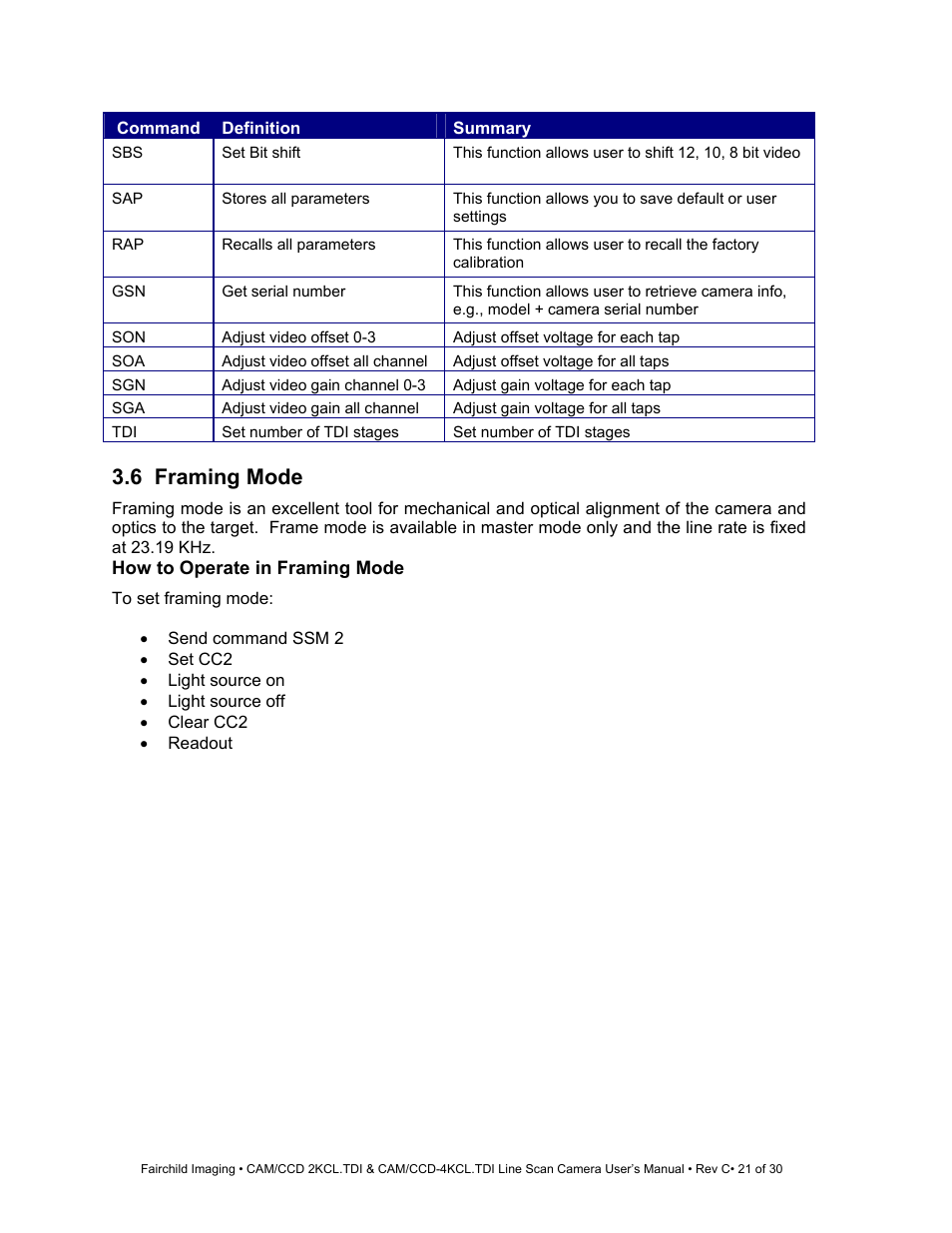 6 framing mode | Fairchild CAM/CCD-4KCL.TDI User Manual | Page 21 / 30