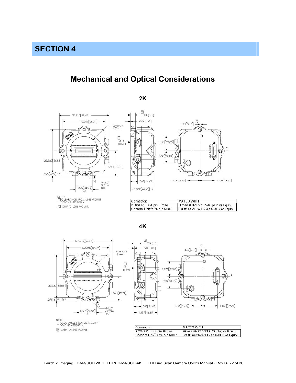 Section 4, Mechanical and optical considerations | Fairchild CAM/CCD-4KCL.TDI User Manual | Page 22 / 30