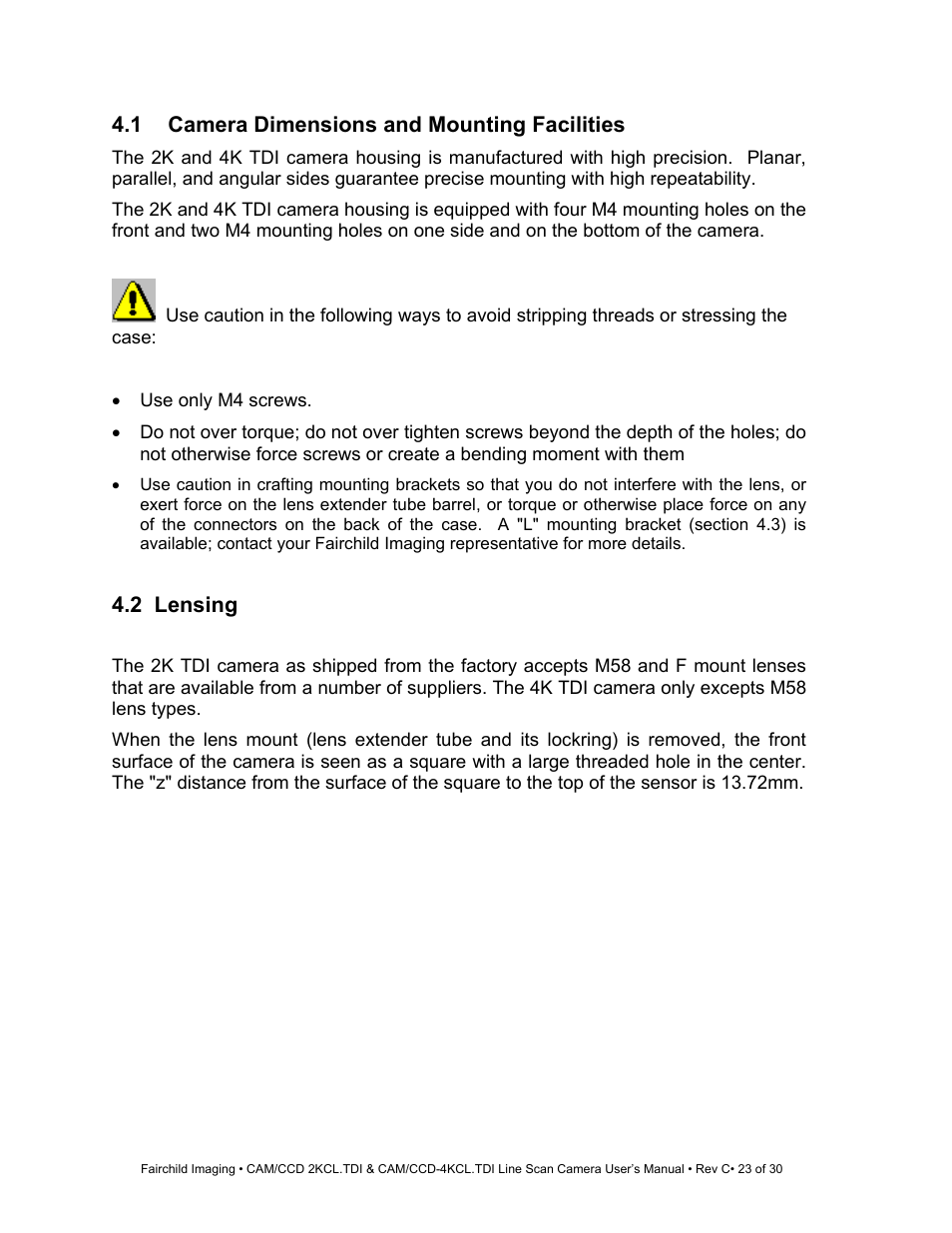 1 camera dimensions and mounting facilities, 2 lensing | Fairchild CAM/CCD-4KCL.TDI User Manual | Page 23 / 30