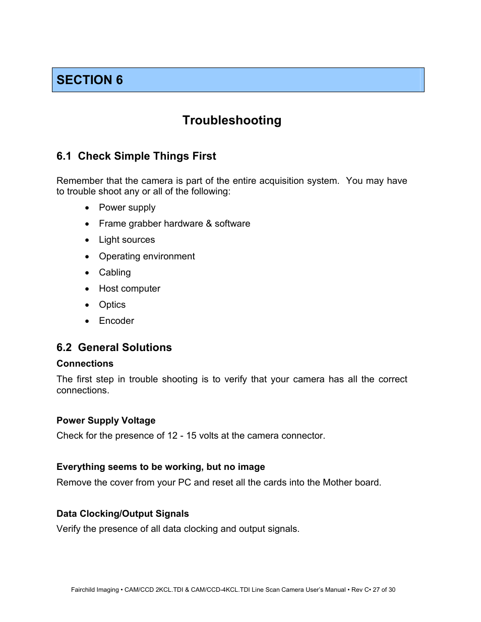 Section 6, Troubleshooting, Connections | Fairchild CAM/CCD-4KCL.TDI User Manual | Page 27 / 30