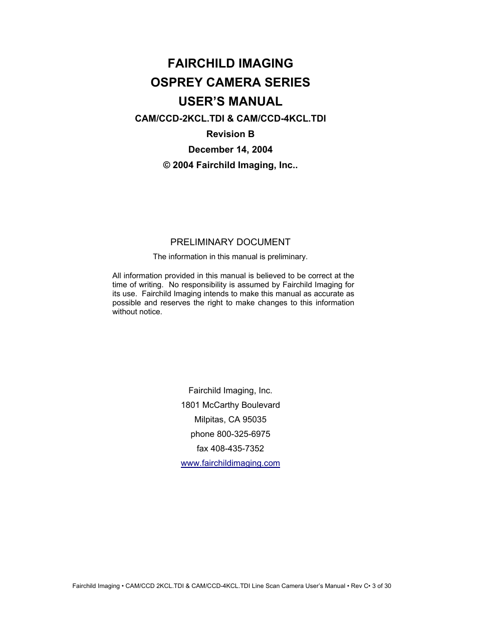 Fairchild CAM/CCD-4KCL.TDI User Manual | Page 3 / 30