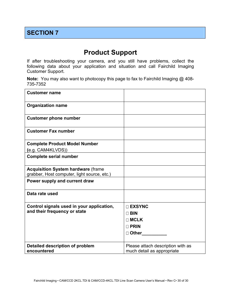 Section 7, Product support, Customer fax number | Fairchild CAM/CCD-4KCL.TDI User Manual | Page 30 / 30