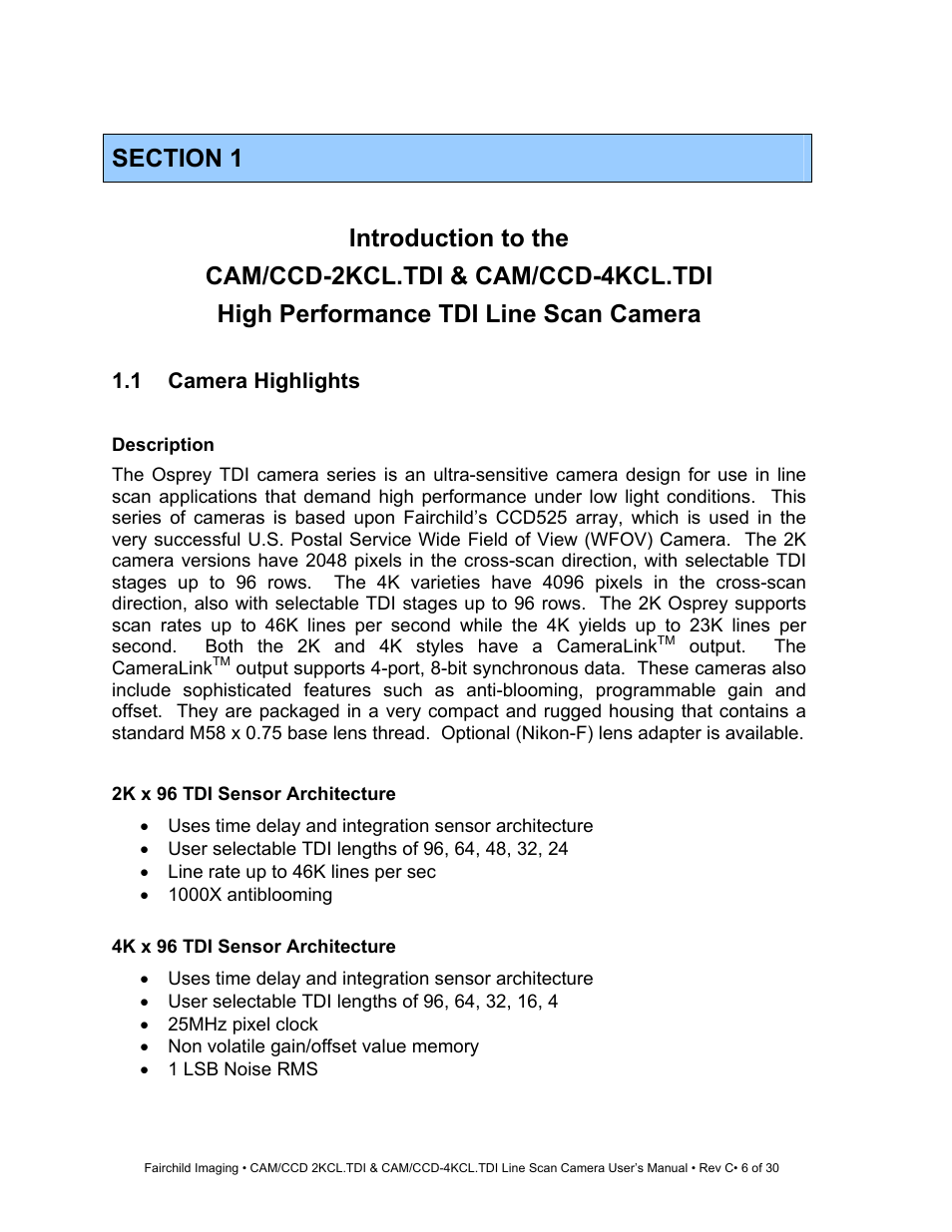Section 1, 2k x 96 tdi sensor architecture, 4k x 96 tdi sensor architecture | Fairchild CAM/CCD-4KCL.TDI User Manual | Page 6 / 30