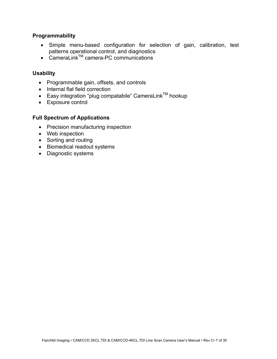 Programmability, Usability | Fairchild CAM/CCD-4KCL.TDI User Manual | Page 7 / 30