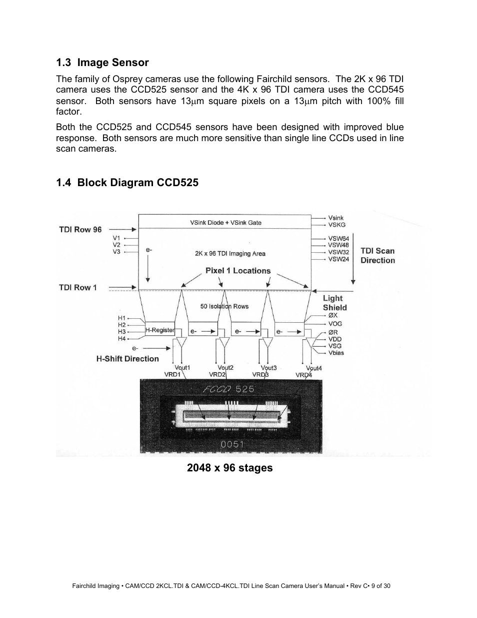 3 image sensor, 4 block diagram ccd525 | Fairchild CAM/CCD-4KCL.TDI User Manual | Page 9 / 30