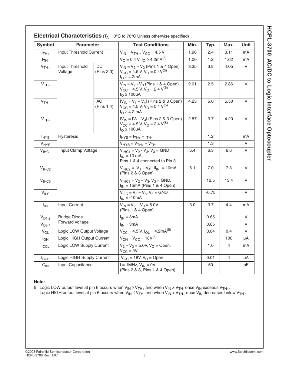 Hcpl-3700 a c/dc to logic interface optocoupler, Electrical characteristics | Fairchild AC/DC to Logic Interface Optocoupler HCPL-3700 User Manual | Page 3 / 11