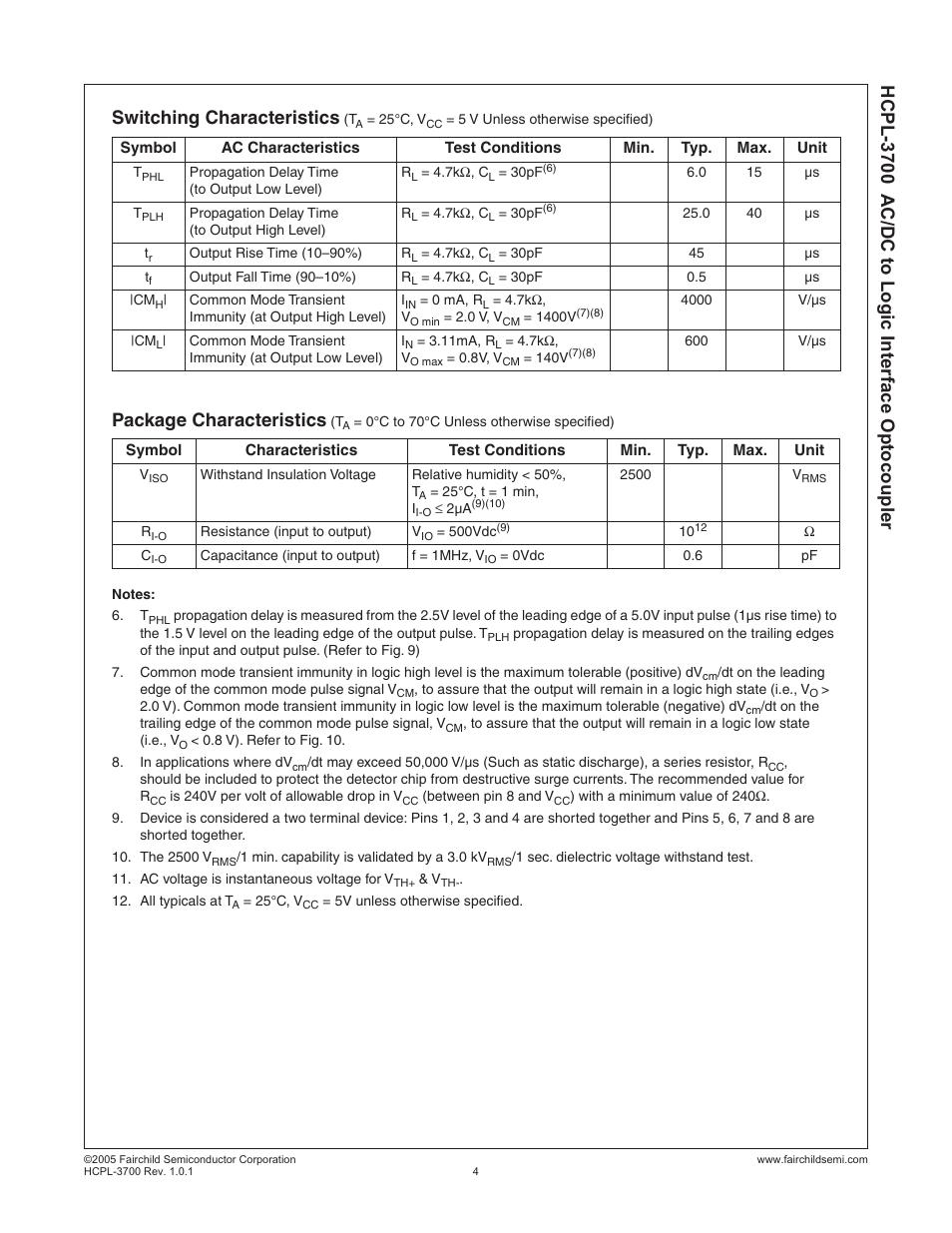 Hcpl-3700 a c/dc to logic interface optocoupler, Switching characteristics, Package characteristics | Fairchild AC/DC to Logic Interface Optocoupler HCPL-3700 User Manual | Page 4 / 11