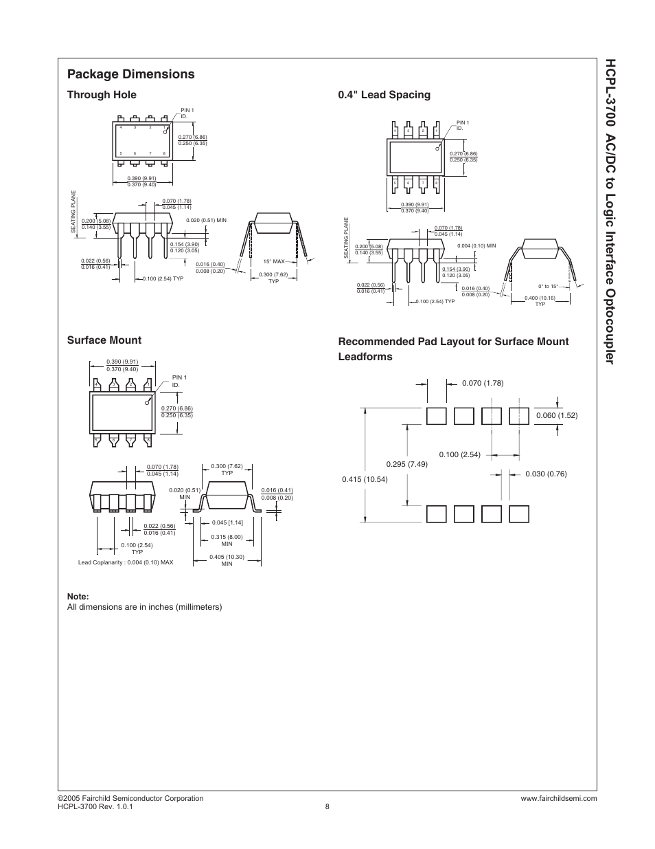 Hcpl-3700 a c/dc to logic interface optocoupler, Package dimensions, Through hole surface mount | Fairchild AC/DC to Logic Interface Optocoupler HCPL-3700 User Manual | Page 8 / 11