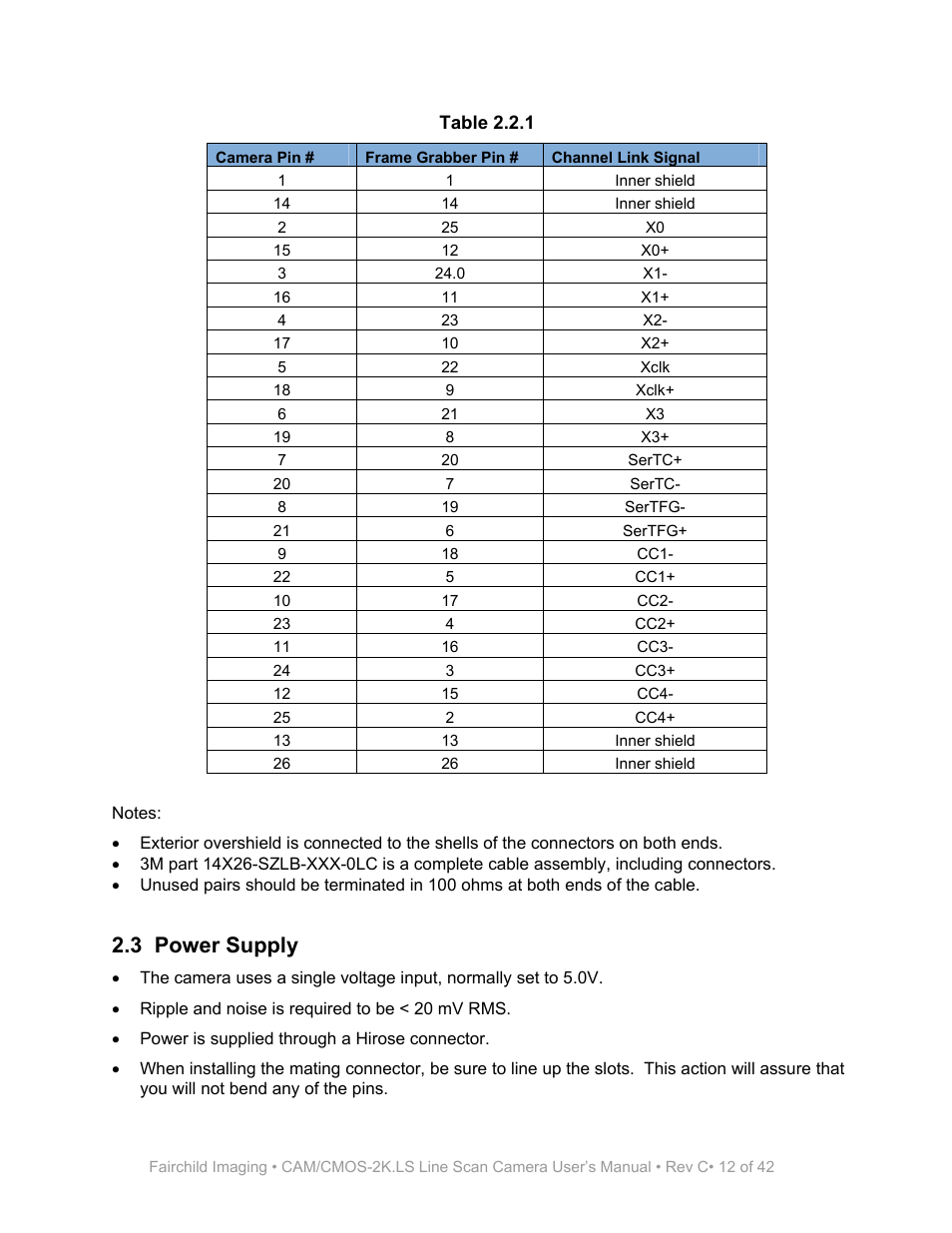 Table 2.2.1, 3 power supply | Fairchild CAM/CMOS-2K.LS User Manual | Page 12 / 42