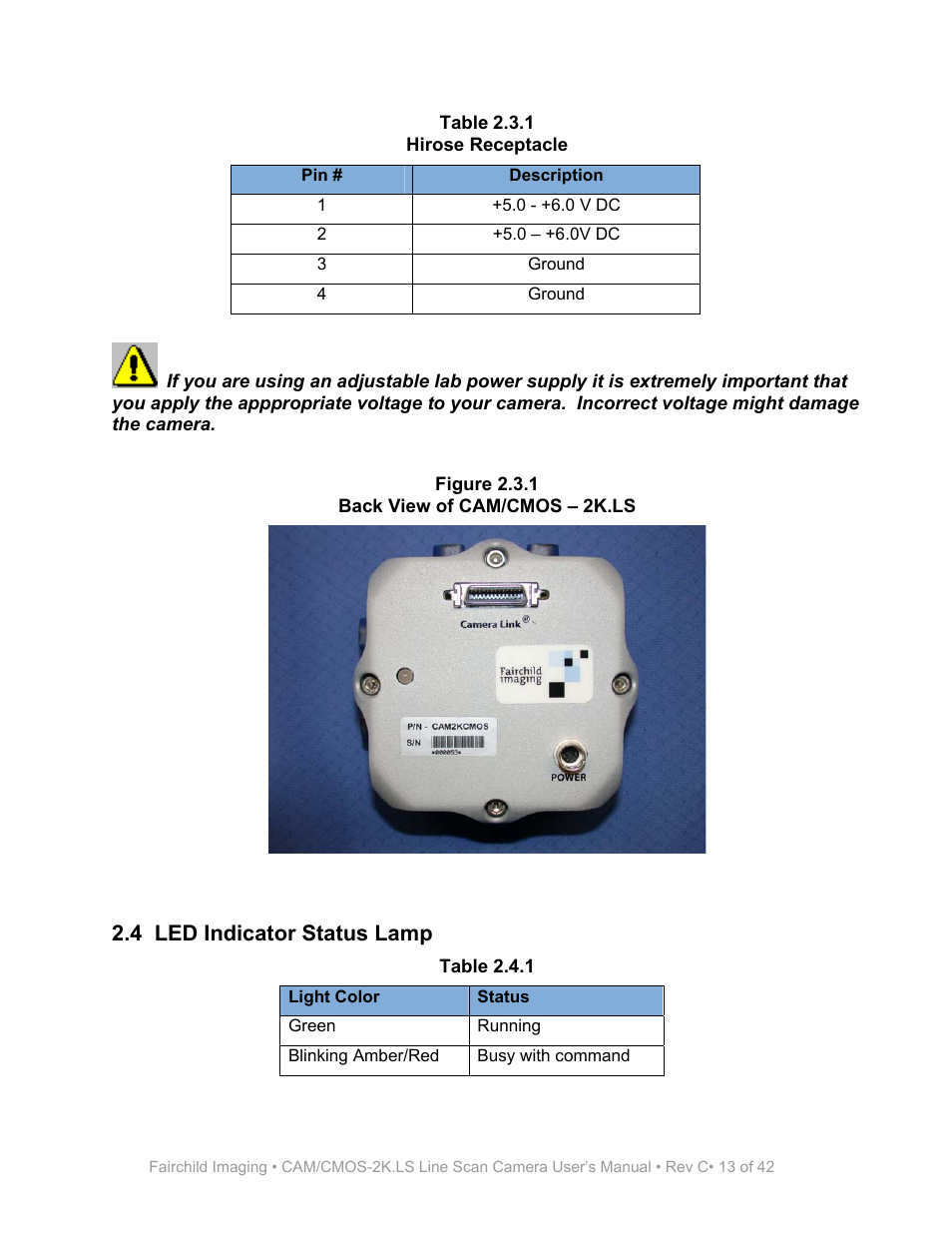 Figure 2.3.1, Back view of cam/cmos – 2k.ls, Table 2.4.1 | 4 led indicator status lamp | Fairchild CAM/CMOS-2K.LS User Manual | Page 13 / 42