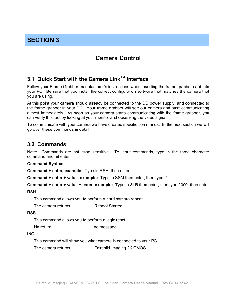 Section 3, Camera control | Fairchild CAM/CMOS-2K.LS User Manual | Page 14 / 42