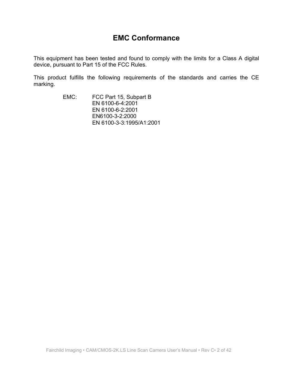 Emc conformance | Fairchild CAM/CMOS-2K.LS User Manual | Page 2 / 42