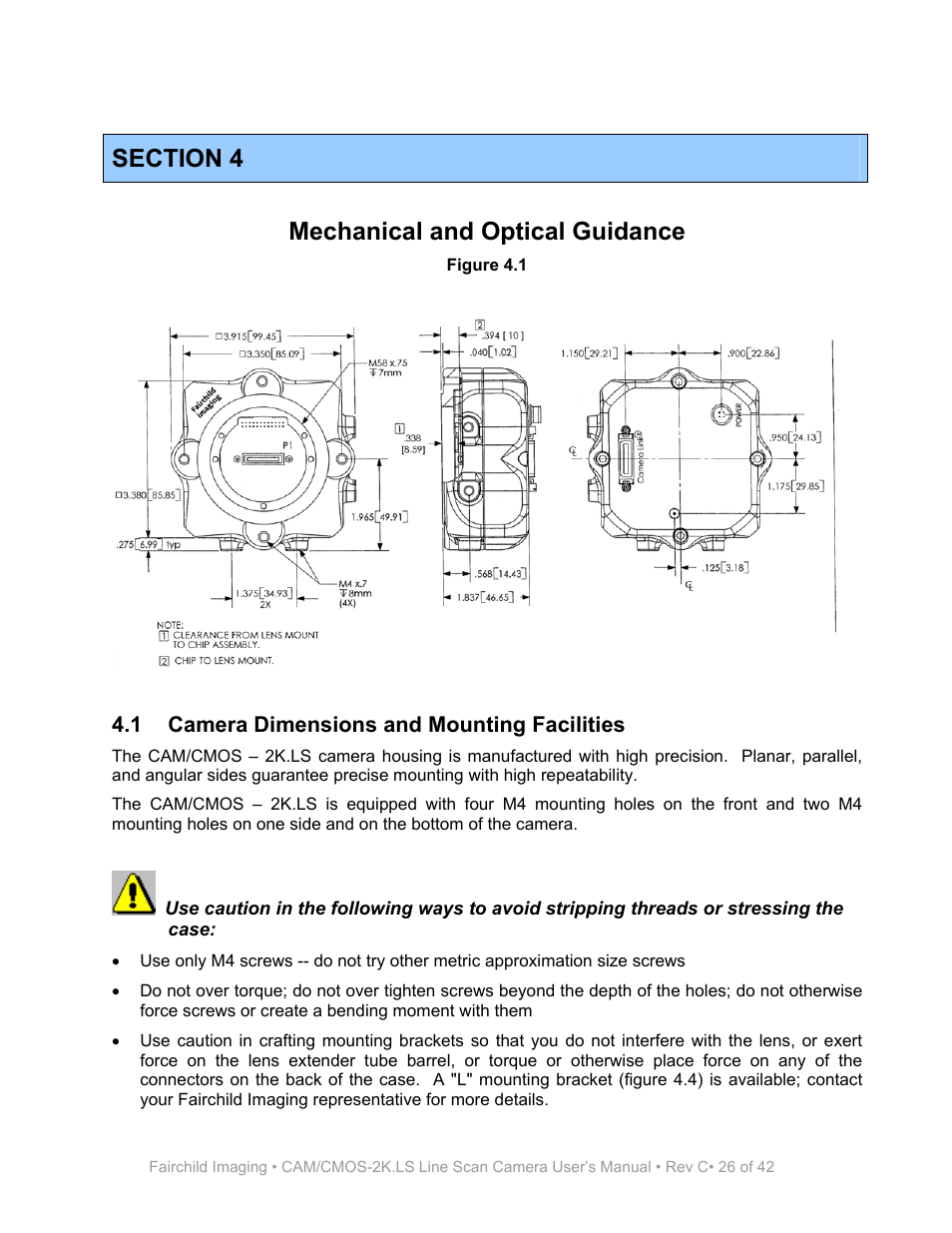 Section 4, Mechanical and optical guidance | Fairchild CAM/CMOS-2K.LS User Manual | Page 26 / 42